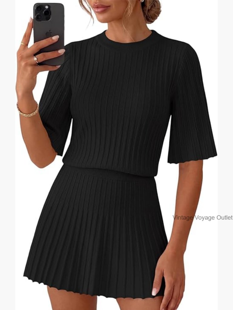 2 Piece Skirt Set Ribbed Knit Top & Pleated Skirt Lounge Outfit L